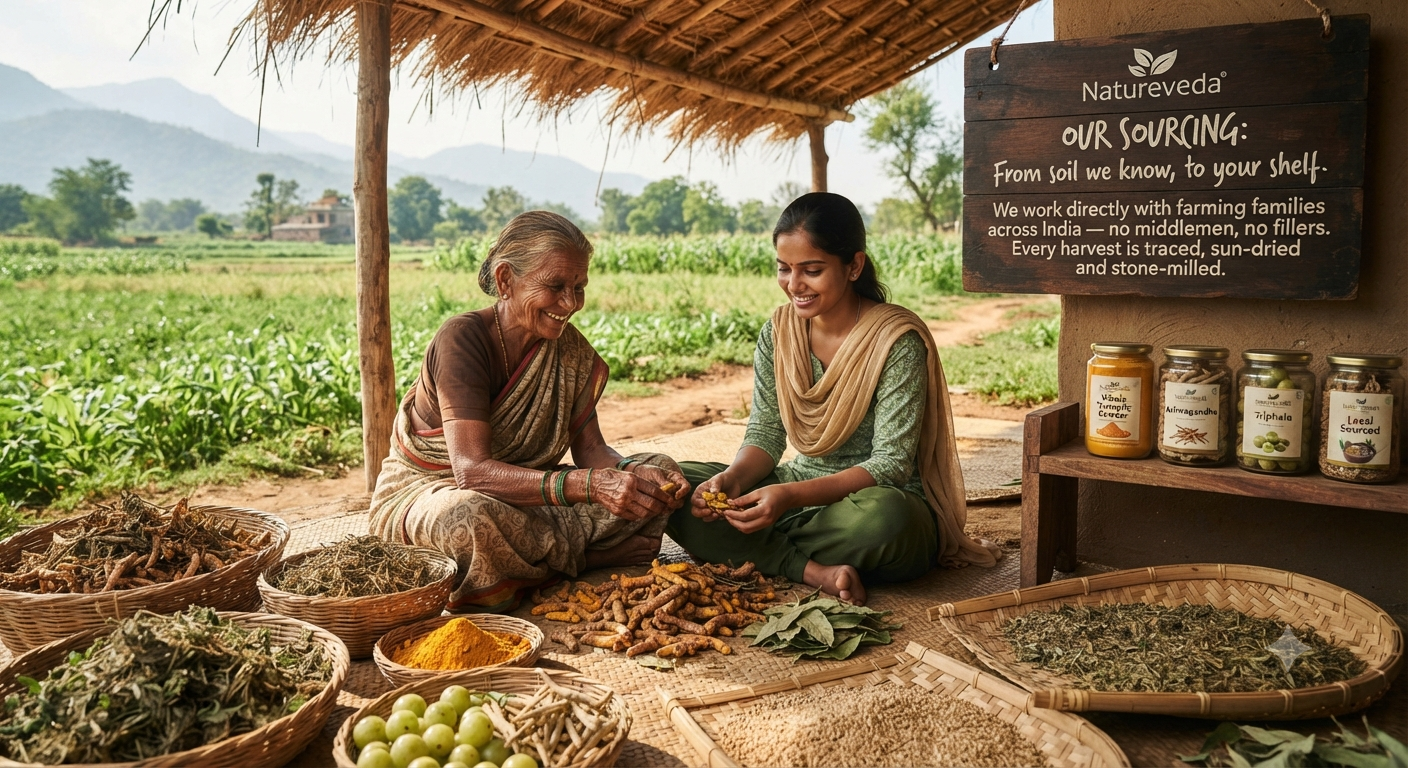 NatureVeda sourcing — working directly with farming families across India